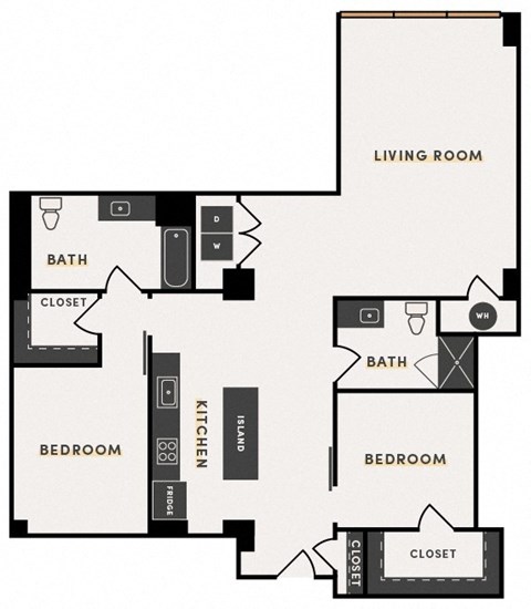 Floor plan for 2 beds, 2 baths, 1289 sqft